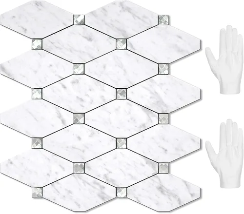 Vista 25 de STICKGOO 1 hoja de salpicaduras de pared para despegar y pegar, adhesivos de azulejos compuestos de aluminio Calacatta, salpicaduras autoadhesivas