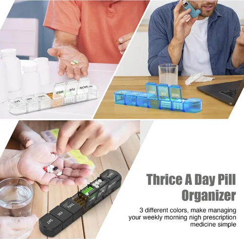 Vista 4 de Organizador de píldoras extra grande 3 paquetes, pastillero XL de 7 días, estuche semanal de píldoras con gran capacidad, organizador jumbo, sin BPA