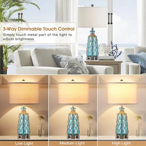 Vista 2 de Ruzectt Lámparas de mesa de cristal costero, lámparas de noche regulables de 3 vías con control táctil con 2 puertos USB y salida de CA, lámparas
