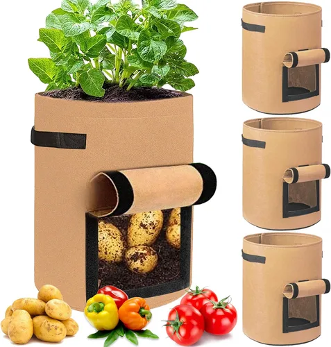 Vista 13 de JJGoo Juego de 2 bolsas de cultivo de patatas de 10 galones con solapa, bolsas de cultivo de tela resistentes con asa y ventana de cosecha, macetas