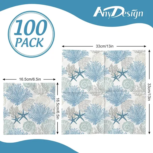 Vista 2 de AnyDesign 100 servilletas de papel de océano desechables con estrellas de mar y conchas de coral, servilletas de almuerzo con temática del mar
