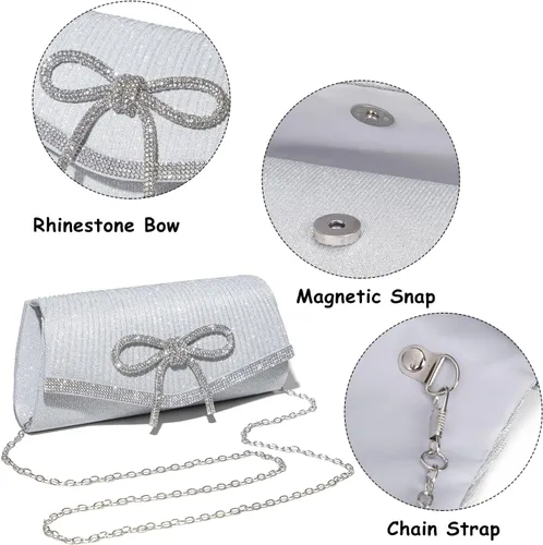 Vista 7 de Bolso de mano brillante con lazo para mujer, bolso de noche brillante con diamantes de imitación para baile de graduación, bolso de mano de boda