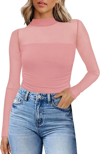 Vista 19 de Camisas de manga larga de malla sexy para mujer, ropa de moda, cuello de tortuga, drapeada, para salir, trajes de otoño, blusas ajustadas Negro