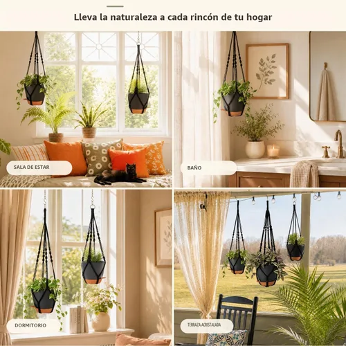 Vista 4 de Paquete de 3 macetas colgantes grandes para plantas de interior con Negro