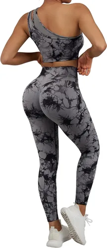 Vista 5 de OMKAGI Conjunto de entrenamiento para mujer, 2 piezas, sin costuras, brasier deportivo de un hombro, leggings para levantamiento de glúteos, trajes