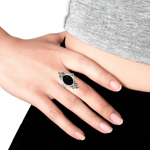 Vista 5 de Anillo ovalado de plata esterlina 925 de estilo vintage de ónix negro simulado