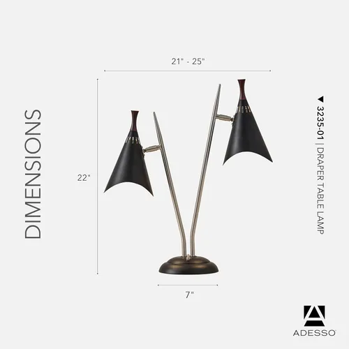 Vista 6 de Adesso 3235-01 Draper Lámpara de escritorio, 22 in., 2 x 60W incandescente/2 x 13W CFL, acero cepillado/pintado negro con acento de madera, 1