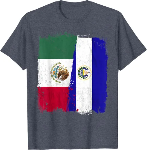Vista 79 de Camiseta con la bandera mexicana de El Salvador con la mitad de la bandera mexicana de El Salvador