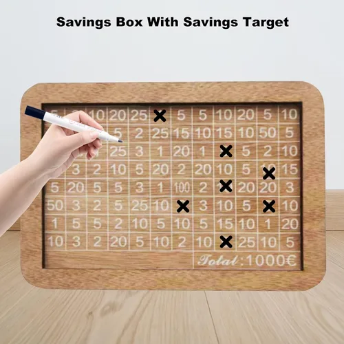 Vista 5 de Caja de dinero de madera, 6.7 x 4.9 x 2.8 in, caja de dinero con contador para no abrir caja de dinero para niños, objetivo de ahorro para niños
