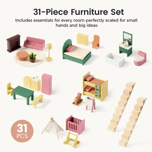 Vista 5 de Tiny Land Casa de muñecas de madera para niñas, casa de muñecas de madera de 6 habitaciones, casa de muñecas de bricolaje con 31 accesorios de Rosa