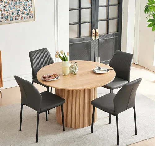 Vista 11 de Juego de mesa de comedor para 4, mesa de comedor rectangular irregular de madera moderna, sillas de comedor de cuero, 4 mesas y sillas, juego de 4