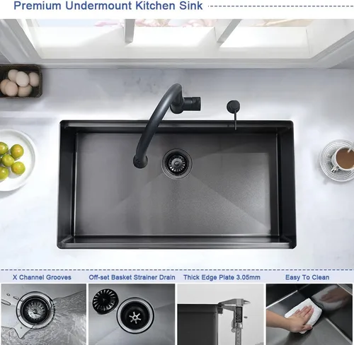Vista 6 de Fregadero de cocina negro de 25 pulgadas para montaje inferior, fregadero de cocina de acero inoxidable negro de 25 x 19 pulgadas, fregadero