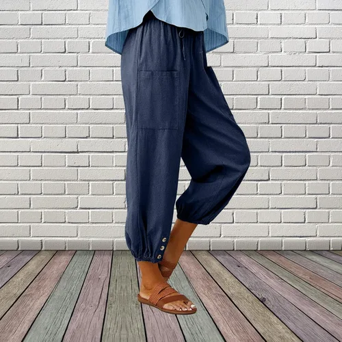 Vista 5 de ZQFFB Pantalones capri para mujer, casuales, de verano, de lino, cintura elástica, pantalones cortos con cordón