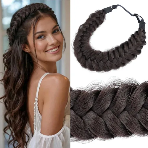 Vista 28 de Diadema ancha y despeinada de 2 mechones de cabello sintético trenzado, accesorio de belleza para mujeres y niñas, 62g/2.1 oz (caoba)