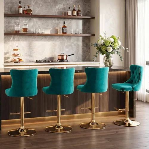 Vista 124 de SoarFlash Juego de 2 taburetes de bar tapizados de terciopelo moderno con patas de madera, botones acolchados, cabeza de clavo cromada, asiento