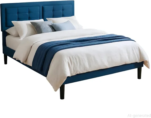 Vista 9 de VECELO Base de cama tamaño matrimonial, cabecera tapizada ajustable con botones, marco de cama resistente con soporte de listones de madera,