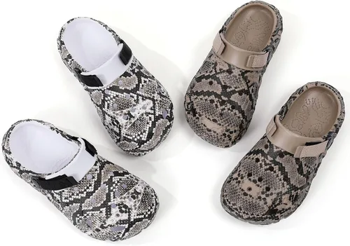 Vista 7 de SECHRITE Zuecos de jardín impermeables para hombre y mujer, estampado de serpiente, ligeros, antideslizantes, cómodos con correa ajustable