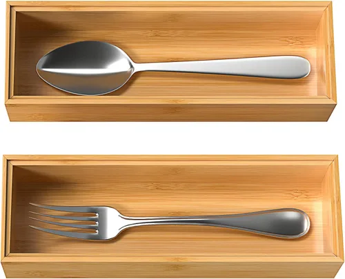 Vista 7 de VeyFey Bandeja de cubiertos para cajón, organizador apilable de bambú para cajones de cocina, 9 x 3 x 2 pulgadas, juego de 2