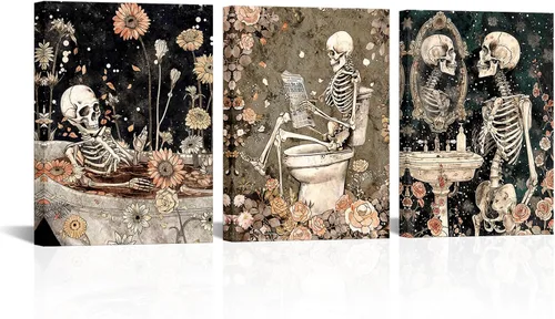 Vista 4 de FuShvre Decoración de esqueleto para baño, cuadros artísticos de pared de esqueleto Moody para baño, pintura gótica para decoración del hogar, Negro