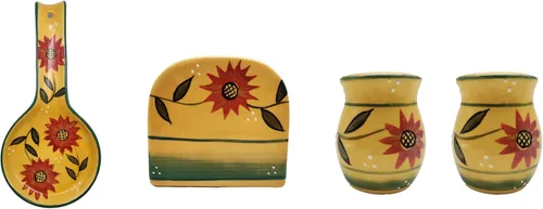 Vista 13 de Country Sunflower Painted Stove Top Set, salero y peper shaker, servilletero, cuchara resto 83025/28 by ACK Girasol país
