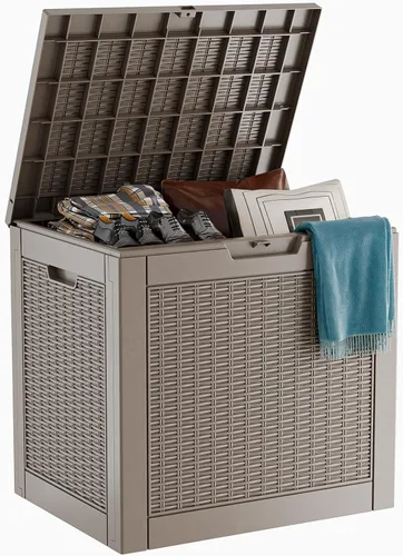 Vista 9 de Caja de resina de 30 galones para terraza, caja de almacenamiento para patio al aire libre con cierre para muebles, herramientas de jardín