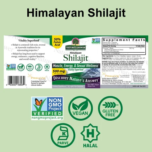Vista 3 de Nature's Answer Cápsulas de Shilajit del Himalaya de 500 mg por porción Shilajit purificado PrimaVie con 50% de ácido fúlvico Energía, vitalidad