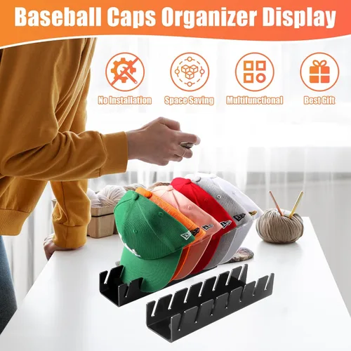 Vista 5 de Soporte para sombreros de béisbol, paquete de 2 sin instalación, organizador de sombreros acrílico para 14 gorras de béisbol, organizador