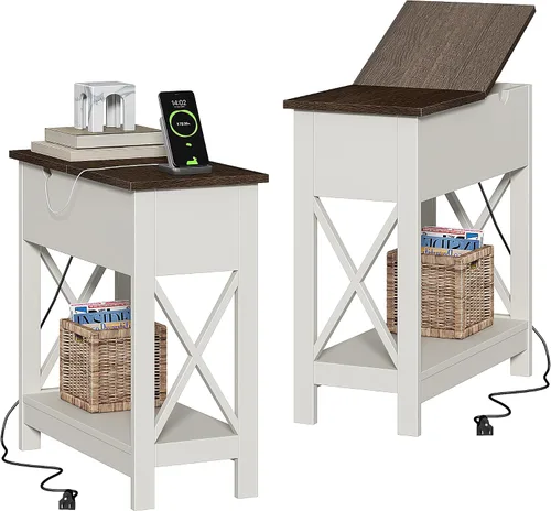 Vista 10 de ChooChoo - Mesa auxiliar con estación de carga; mesa auxiliar estrecha con puertos USB y tomas de corriente para espacios pequeños; mesita de noche