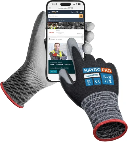 Vista 10 de KAYGO Guantes de trabajo con revestimiento de poliuretano 12 pares, KG15P, forro de nailon con revestimiento de poliuretano flexible, guantes