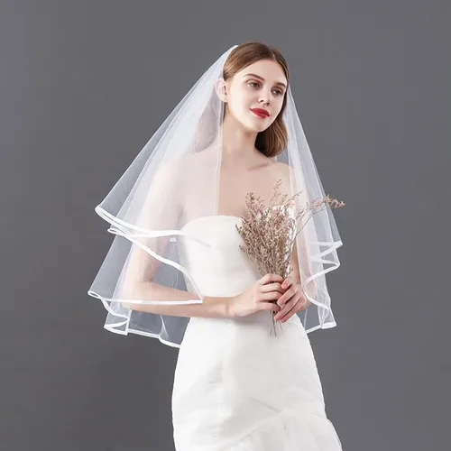 Vista 3 de auwiyd Velo de novia corto velo de boda con borde de satén con peine para mujeres y niñas, velo de borde de cinta de 2 niveles para boda, despedida