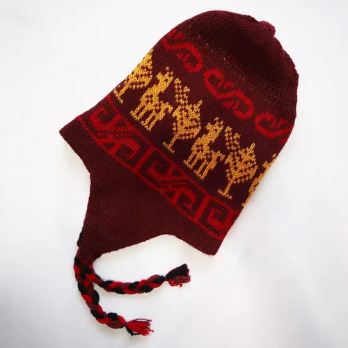 Vista 5 de Gorro de invierno con mezcla de lana de alpaca Chullo Peruano Inca Diseño Reversible con orejeras. Gorro de tamaño mediano, Unisex