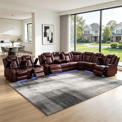 Vista 8 de Juego de sofá modular reclinable eléctrico con luz LED, juego de sofá modular reclinable de cuero, incluye sillón reclinable individual, juego