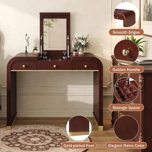 Vista 8 de JIJIWANG 3-in-1 Dressing Table with Flip Mirror,Classic Wood Vanity Desk with 2 Drawers and Storage Space for Bedroom,Espresso