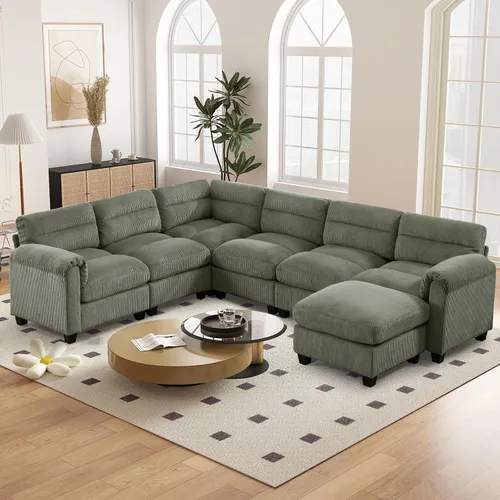 Vista 34 de HAOMARKETS Sofá esquinero modular en forma de L de 115 pulgadas con 2 otomanas móviles, sofás de pana de 8 plazas con cojín grueso para sala de Beige