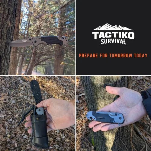 Vista 8 de Tactiko - Cuchillo de bolsillo plegable 4 en 1 para hombre con iniciador de fuego y bolsa de cinturón de cuero, cortador de cinturón de seguridad