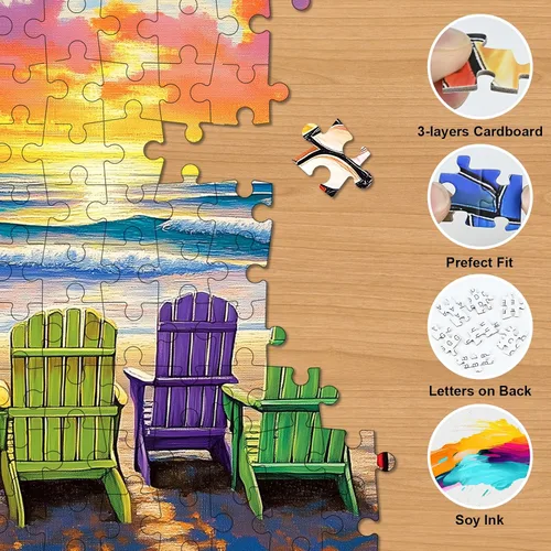 Vista 3 de Rompecabezas de playa para adultos de 1000 piezas – Coloridos rompecabezas de playa, silla de descanso, rompecabezas de verano con letras