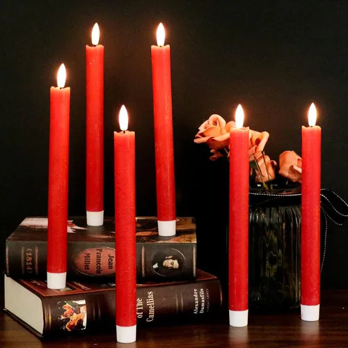 Vista 4 de GenSwin Velas cónicas sin llama LED con temporizador remoto funciona con pilas, color rojo 6 rojo