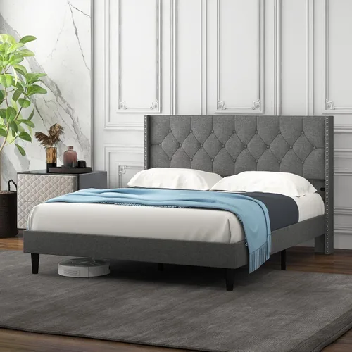 Vista 10 de Giantex Base de cama tapizada de tela de lino de tamaño matrimonial, marco de cama moderno con cabecera capitoné con botones, base de colchón