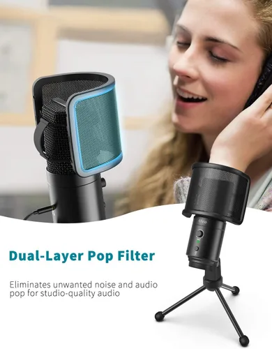 Vista 3 de FIFINE Micrófono USB de computadora de escritorio con filtro pop para computadora y Mac, micrófono de condensador de estudio con perilla