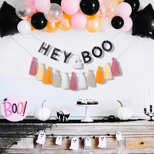 Vista 3 de Hey Boo - Pancarta con borlas de fantasma, pancarta de borla de fantasma para Halloween, decoración del hogar de Halloween, pancarta de fantasma