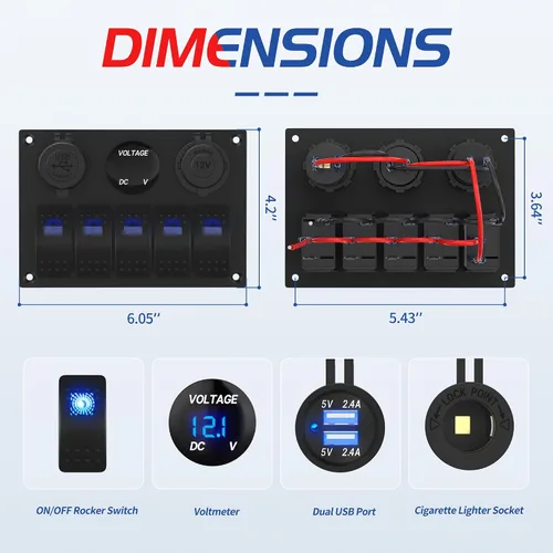Vista 2 de RVMARINEPAT - Panel de interruptores marinos impermeable de 12 voltios, 5 mandos, interruptor basculante azul con luz, con doble toma USB de 4,8 A