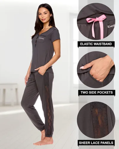 Vista 3 de bebe Conjunto de pijama para mujer camisa de manga corta con pantalones de pijama