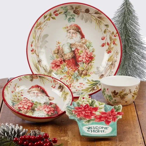 Vista 8 de Christmas Story - Juego de vajilla de 16 piezas, servicio para 4 con platos, cuencos y tazas de Papá Noel, juego de cerámica vintage con arte