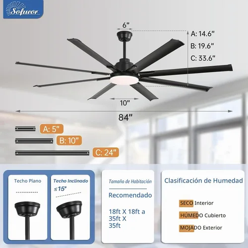 Vista 8 de Sofucor - Ventilador de techo inteligente de 84 pulgadas con luz, ventilador de techo negro para exteriores con 8 aspas de aluminio, funciona