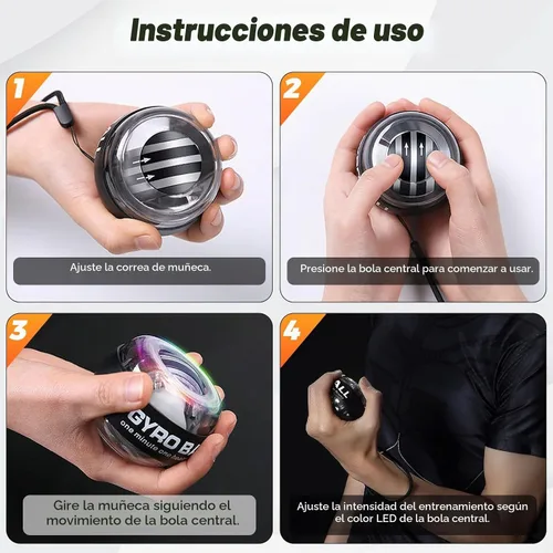 Vista 4 de Gyroball ejercitador de muñeca bola de arranque automático 5 niveles de resistencia control de luz giroscópico antebrazo entrenador brazo