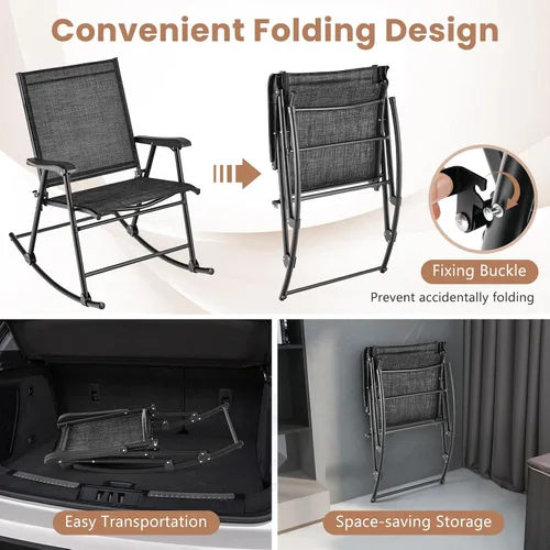 Vista 6 de Tangkula Juego de 2 mecedoras plegables para patio con tela de asiento transpirable y marco de metal resistente, movimiento mecedor suave, balancín
