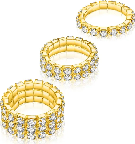 Vista 7 de Kucheed 3 anillos elásticos de diamantes de imitación, juego de anillos apilables de cristal de moda, joyería para el cuerpo, anillo elástico