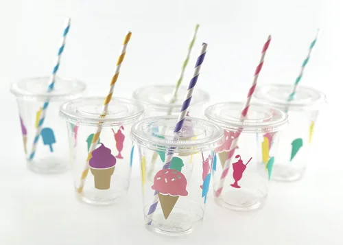 Vista 4 de Copas de fiesta de cumpleaños de helado de 12 onzas con tapas desechables de plástico (12 unidades)