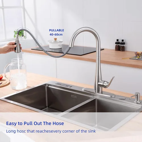 Vista 3 de Grifo de Cocina con Dispensador de Jabón y Pulverizador Extraíble - Grifo de Fregadero de Cocina de Acero Inoxidable con Una Sola Manija, Diseño