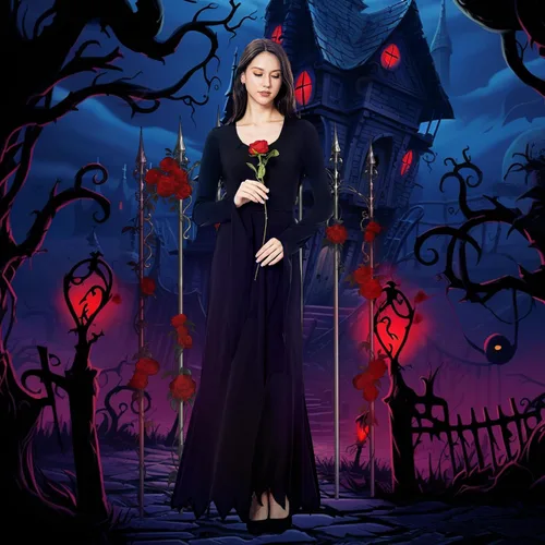 Vista 6 de Joy Bang Morticia Addams Disfraz para mujer, vestido de bruja gótica de Halloween, manga larga, largo hasta el suelo, vestido largo sexy